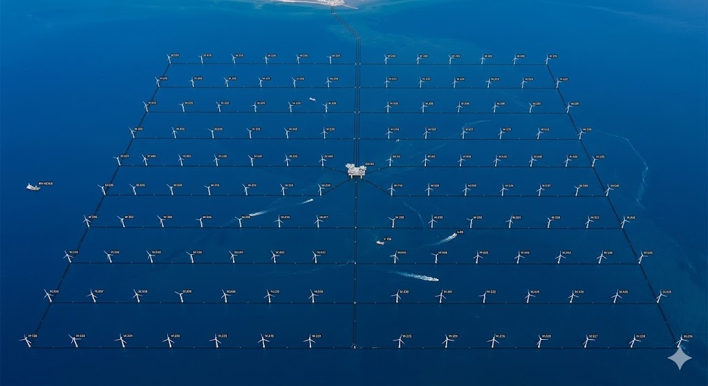 A large offshore wind farm under construction in the Yellow Sea, representing China's massive investment in domestic clean energy capacity.