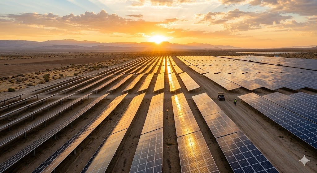 Large-scale utility solar farm under a bright sun contributing to Pakistan's energy grid